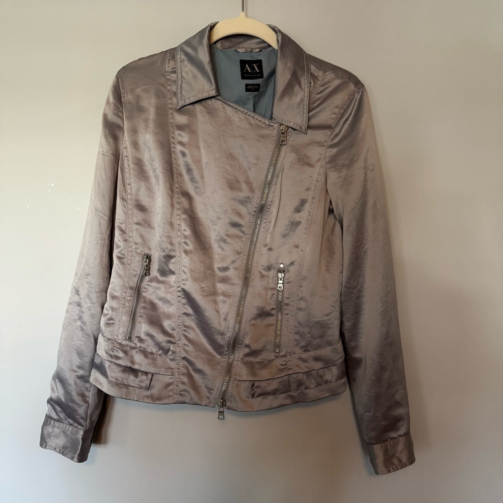 Armani Exchange Silver Bomber Jacket Fitted Assymetrical Silhouette Size Small